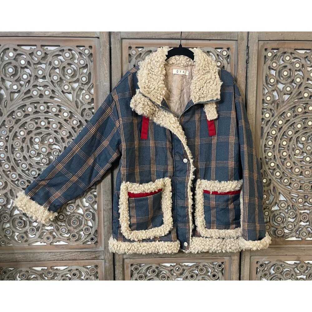 QYX Brand Women’s Plaid Jacket with Faux Trim vintage style